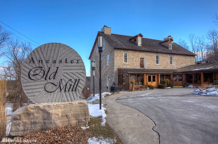 Ancaster Old Mill Harris and Alonzo Egleston built the gristmill at the present site in Ancaster in 1863. It replaced two earlier mills here, one of which burnt in 1812 and the second in 1854. Ancaster Old Mill Harris and Alonzo Egleston built the gristmill at the present site in Ancaster in 1863. It replaced two earlier mills here, one of which burnt in 1812 and the second in 1854.
